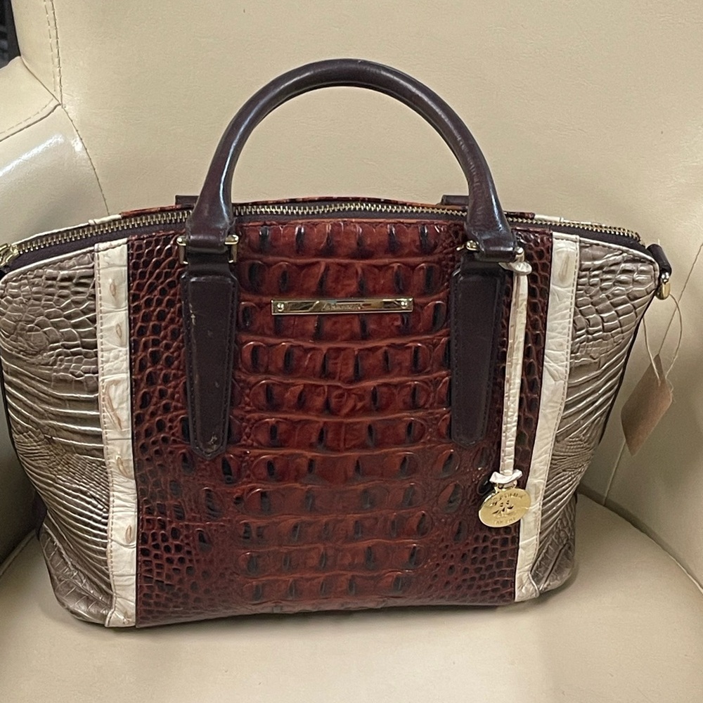 👛75-Brahmin Textured Croc-Embossed Satchel in Brown and Taupe